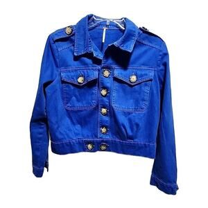 Free People Bright Royal Blue Denim Jacket Size XS Buttons and Pockets